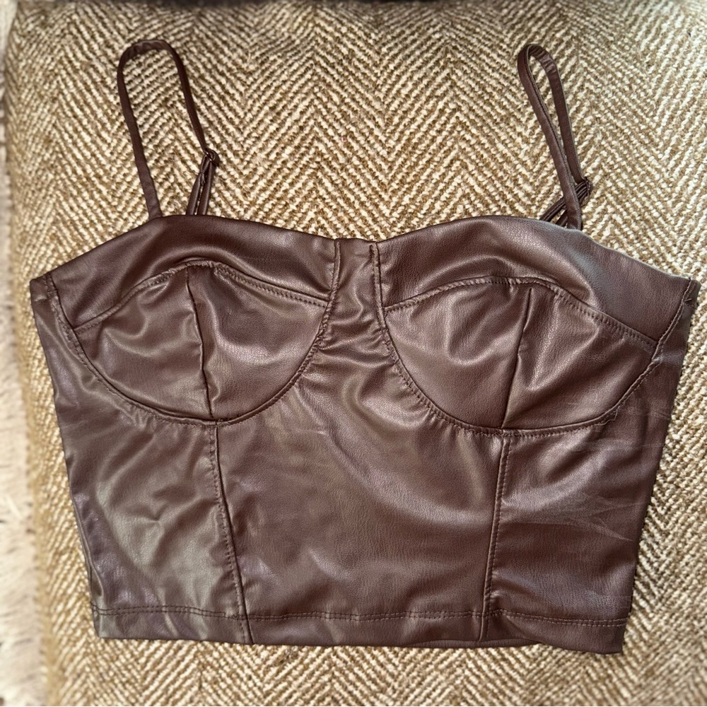 Brown Faux Leather Heart‎ Lined Crop Top Brown Medium